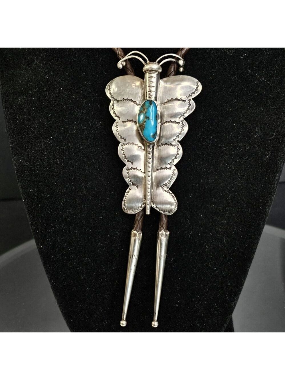 Navajo Turquoise Sterling Silver Bolo Tie Large Butterfly Signed HW. USA - Picture 2 of 12